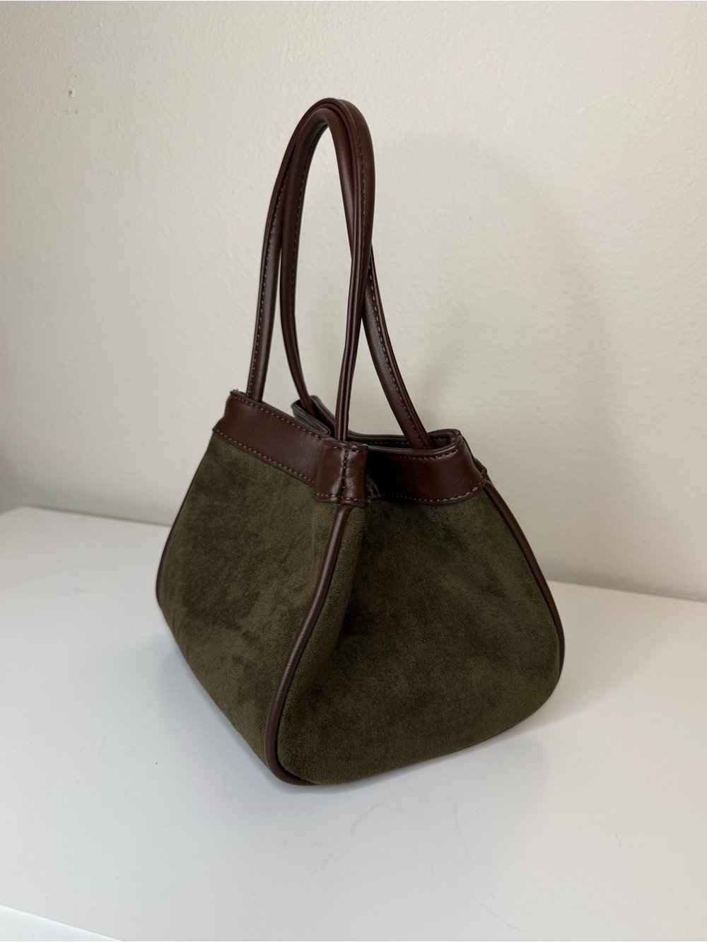 Anthropologie Olive Green Suede Shoulder Bag with Brown Trim